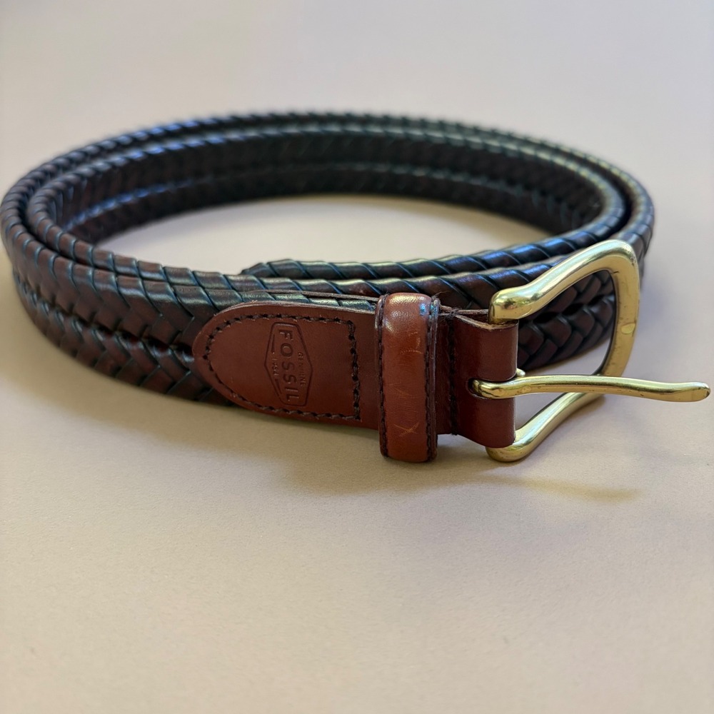 Fossil Mens Braided Leather Belt Size 44 Dark Brown MB3040200 Solid Brass Buckle